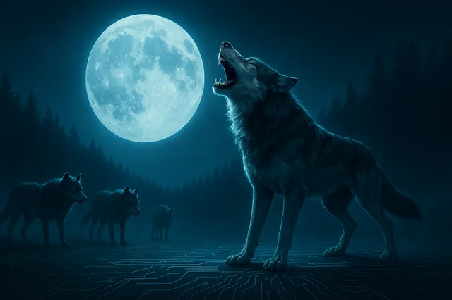 Wolf silhouette with moon – Howling Vanguard branding